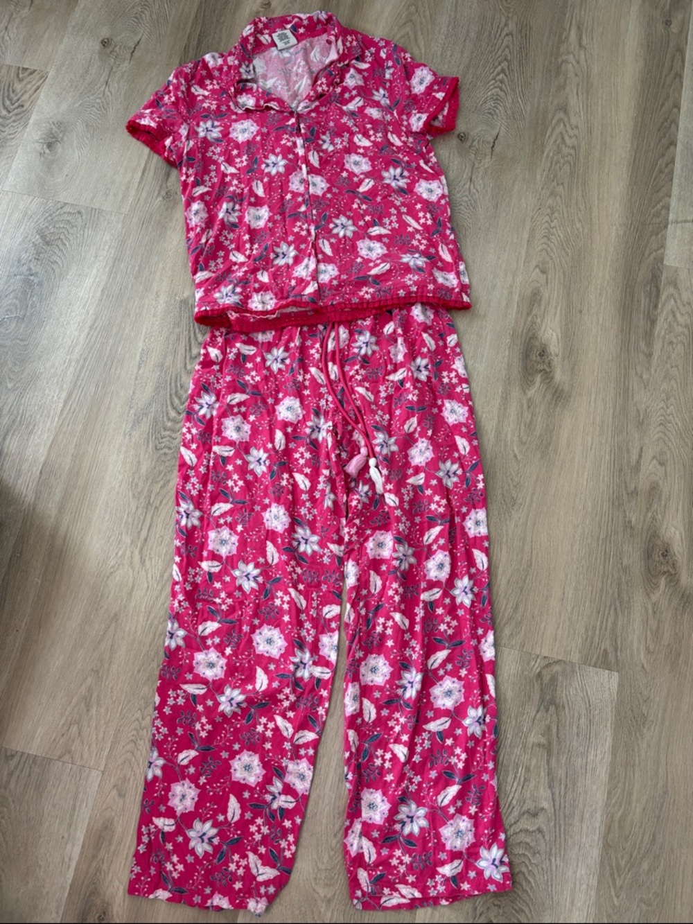 Wonderly Boho Floral Pajama Set Small - Pink Hibiscus Soft Knit Fringe & Tassels